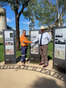 Inland Rail Project Director Narrabri to North Star Phase 1 Peter Borrelli and Deputy Mayor of Narrabri Shire, Cr Brett Dickinson, unveil the Bellata Rail Station heritage markers